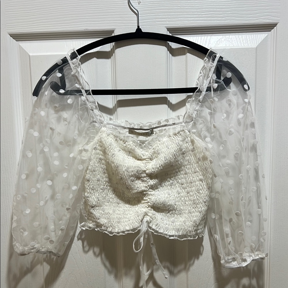 Cream Ruched Tie Front Crop Blouse